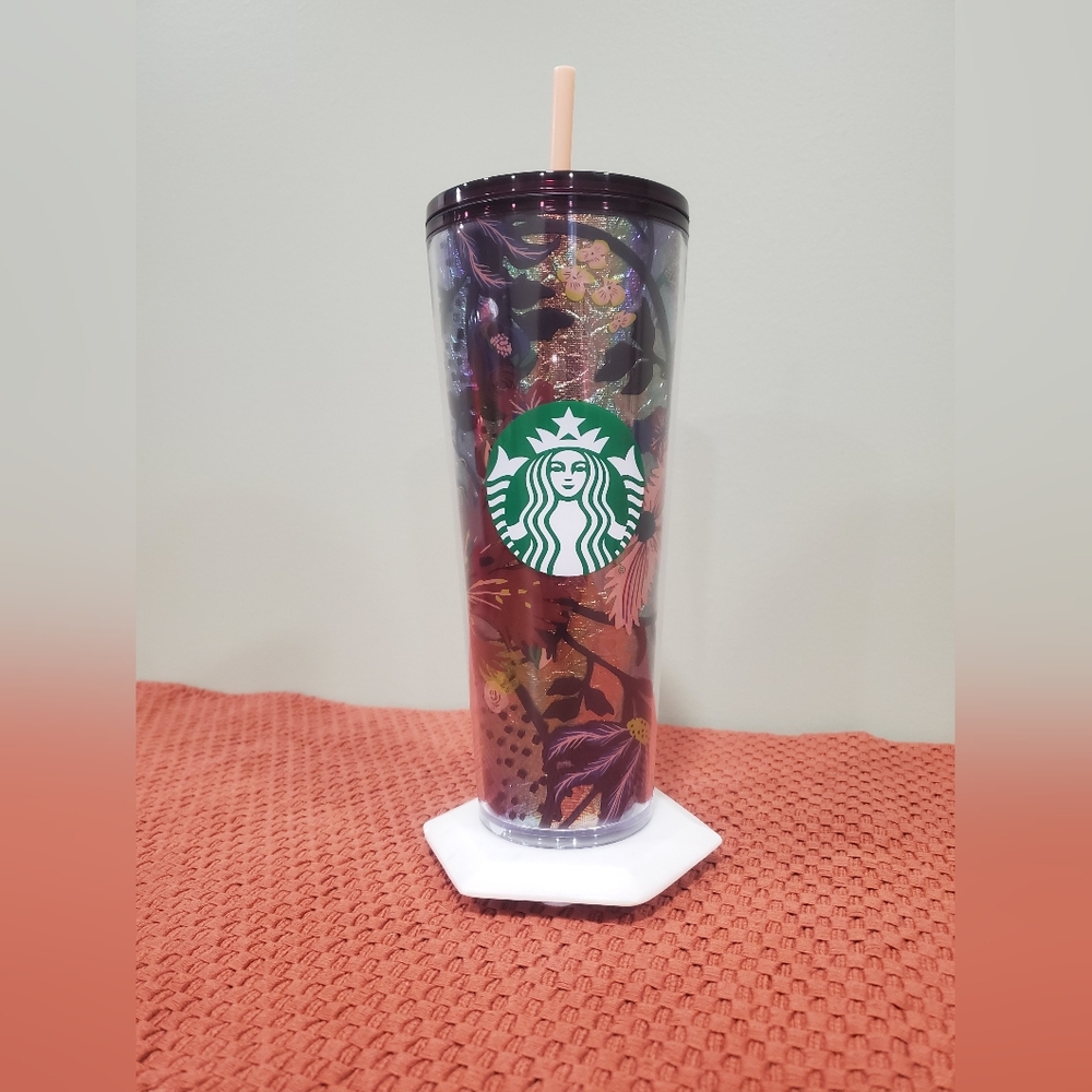 Starbucks Dark Floral Tumbler with Pink Accents